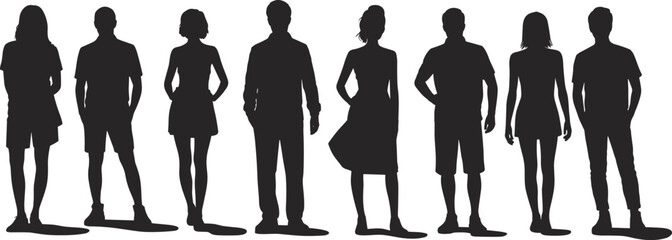 Group of people silhouettes, standing individuals, diverse poses, men and women, black silhouettes, isolated on white background, casual stance, social interaction, body language, modern style