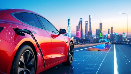 A vibrant red electric vehicle is charging on a technologically advanced roadway with a cityscape in the background.