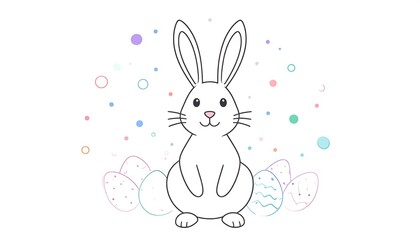 Cute white Easter bunny with pastel eggs and dots