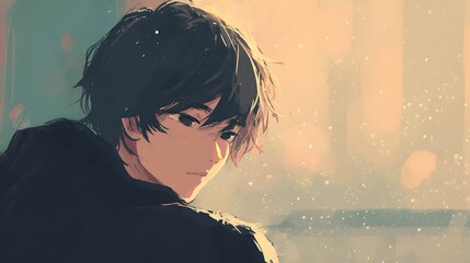 A lofi anime boy illustration with a sad expression conveys a quiet and thoughtful mood