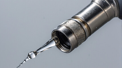 Top-down macro of a stainless sprayer nozzle with a hanging water droplet