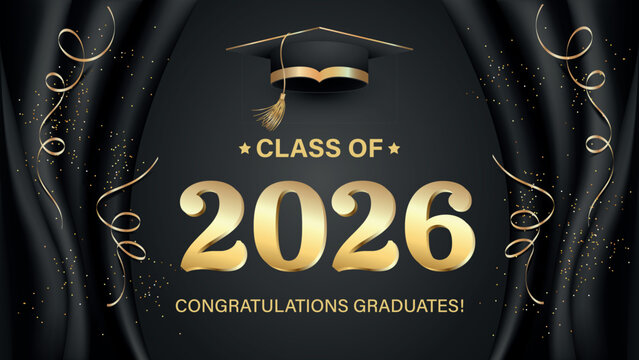 Vector illustration. Class of 2026 badge design template in black and gold colors. Congratulations graduates 2026 banner sticker card with academic hat for high school or college graduation