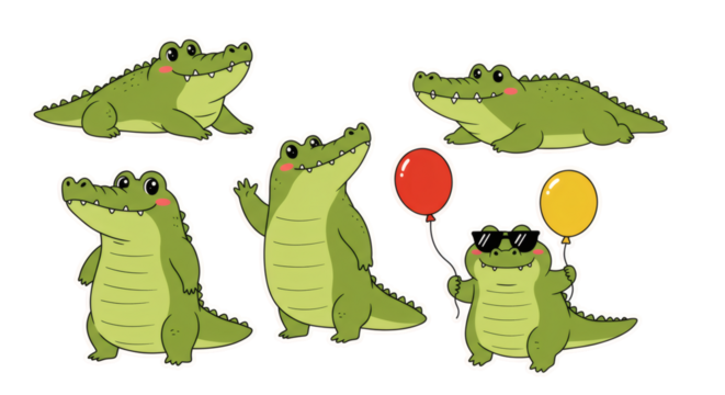 Set of cute cartoon alligator characters in different poses, including a friendly waving gator and a party crocodile with balloons