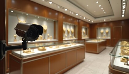 Indoor security setup features CCTV camera monitoring jewelry store. Glass display cases hold gold items. Surveillance and loss prevention measures protect retail business and commercial facilities.