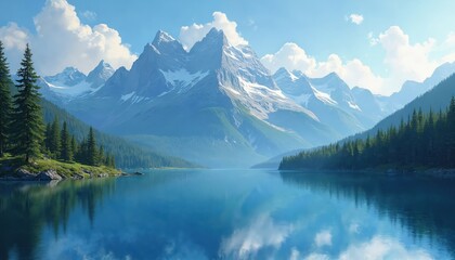 Serene mountain landscape reflects tranquil lake. Blue sky, clouds, evergreen trees. Mountains peaks covered snow, water reflects sky, creating peaceful atmosphere. Nature illustration shows beauty