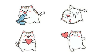 Set of cute cartoon cat characters in various poses. Adorable kawaii kitten collection expressing love with hearts, eating fish, and playing happily