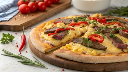 Savory Breakfast Pizza Topped With Tender Beef, Melted Cheese, And Fluffy Scrambled Eggs, A Hearty And Flavorful Fast Food Fusion That Makes Mornings Extra Delicious