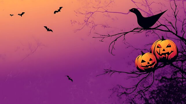 Halloween themed purple background with pumpkins orange yellow and orange-yellow and black bird on a branch