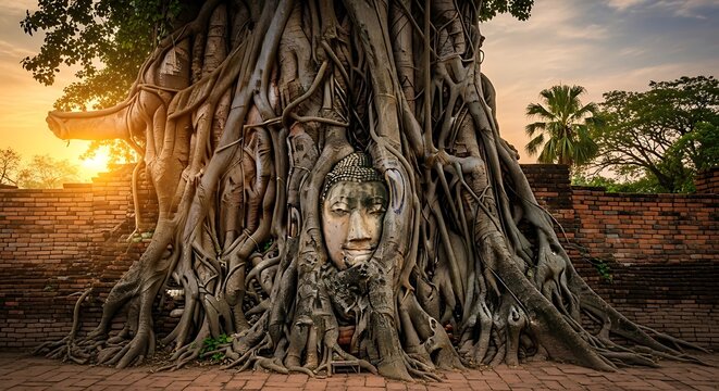 Ancient Buddha Head Entwined in Tree Roots at Ayutthaya. - Powered by Adobe