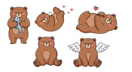 Fototapeta premium Set of cute cartoon brown bear characters in various poses and emotions