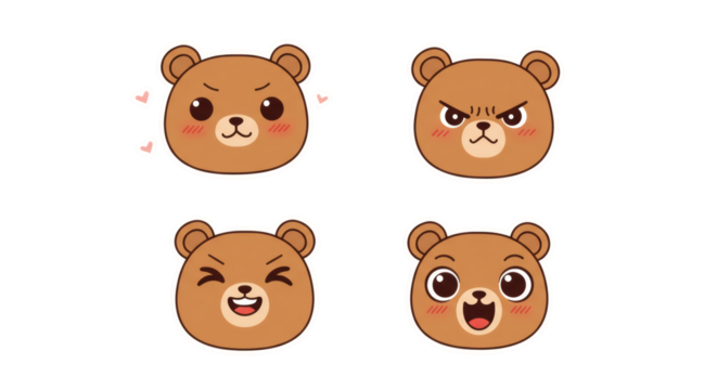 Cute Brown Bear Emojis Happy, Angry, Shy, and Playful Expressions