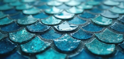 Abstract sea pattern mosaic tile. Blue geometric pattern scales design, marine theme. Decorative bathroom wall tiles. Underwater theme. Summer vacation. Bright vibrant water colors.