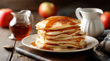 Apple pancakes plated in a stack with a jug of maple syrup beside on a wooden board