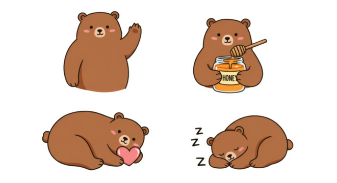 Adorable Cartoon Bear Set in Various Poses and Activities on a White Background - Powered by Adobe