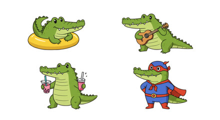 A charming collection of cute cartoon alligator mascots in various fun poses and costumes