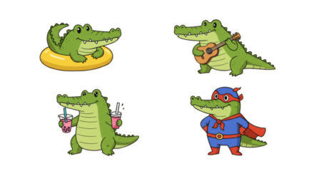 A charming collection of cute cartoon alligator mascots in various fun poses and costumes