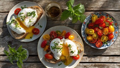 Poached eggs on toast with cherry tomatoes.