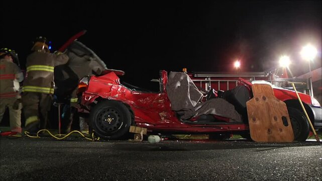 Firefighters Removing Roof of Car for Nighttime Accident Extraction