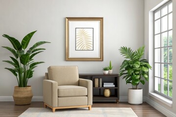 Fototapeta premium Beige armchair with plants and framed artwork in a bright living room