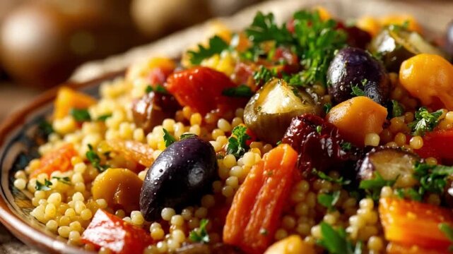 Exotic Cuisine: A vibrant and appetizing close-up of a couscous dish, brimming with an array of fresh vegetables, herbs, and savory seasonings. It's a culinary delight!