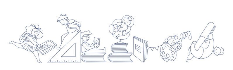 Back to school, college or university. Coloring page. Funny Students with calculator, ruler, book, notebook, globe, pen, paint palette and brush. Sketch vector illustration