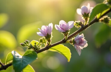 Obraz premium Vibrant pink flowers bloom on a branch of a tree surrounded by lush green leaves. Various stages of bloom from bud to fully open. Tree branch with colorful flowers in focus.