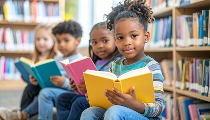 Children reading colorful books in library, symbolizing education, literacy and learning together.
