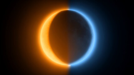Spherical object split with orange and blue glowing halo on black