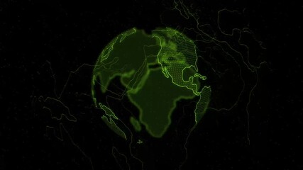 green digital plexus globe rotating on a dark background. sci-fi hud element: spinning green planet earth. abstract technology background with a rotating green earth. future of connected green planet.