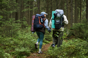 Young adult Caucasian woman and young adult Caucasian man hiking through forest trail carrying large backpacks and camping mats, holding hands while walking together in nature