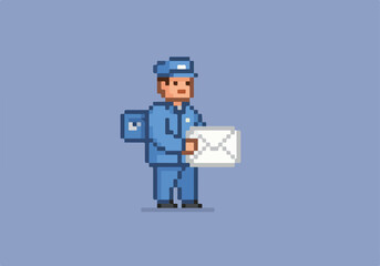 Fototapeta premium Pixelated mailman delivers letter on solid color. Possible use Game design