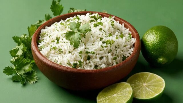 Cilantro Lime Rice Delight: A mouthwatering, close-up shot of fresh cilantro-lime rice, presented in a rustic bowl, with fresh lime slices and cilantro sprigs.