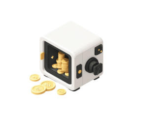 White cube safe, overflowing with gold coins