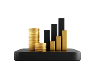 Gold coins stacked on a black platform next to gold and black bar graphs