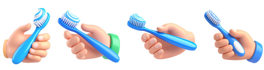 Hand holding blue toothbrush with toothpaste clean dental care concept isolated on transparency background 3D illustration healthy hygiene morning routine freshness cartoon style
