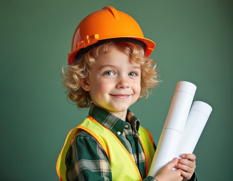 Young child stands against green background, wearing orange hard hat, green shirt and yellow vest. Face lit up with smile, eyes sparkling with joy. Child holds two white papers in hands.