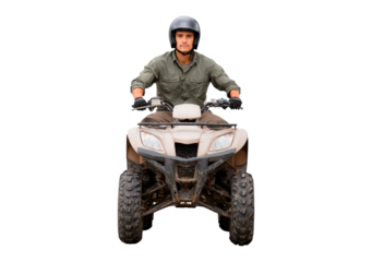 Man riding atv with helmet on transparent background, PNG