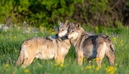 Obraz premium Two wolves stand in a meadow, surrounded by wildflowers, showcasing their quiet and watchful presence.