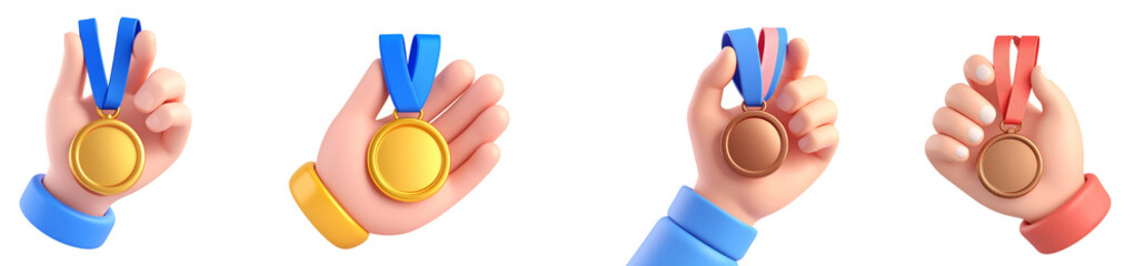 Hand holding gold medal hand holding bronze medal cartoon style blue sleeve red ribbon victory achievement success competition reward cheerful emotion