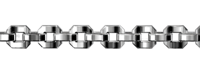 A horizontal, detailed view of a metallic chain with octagonal links