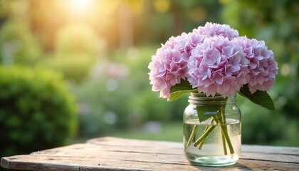Soft pastel pink hydrangea bouquet in clear glass jar on rustic wooden table. Blurred green garden background with bright sunlight. Floral arrangement adds touch of natural beauty, serenity to