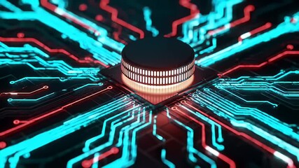 Central Processing Unit on Circuit Board with Blue and Red Light Trails in a Close Up Abstract Composition - Powered by Adobe