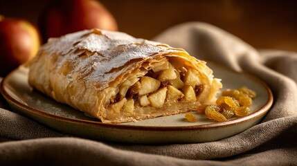 Softly lit apple strudel on a ceramic plate with golden raisins and a linen cloth backdrop