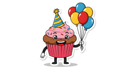 Cartoon Cupcake Character with Party Hat and Balloons | Cute Smiling Dessert for Birthday Cards, Children's Invitations and Celebration Graphics