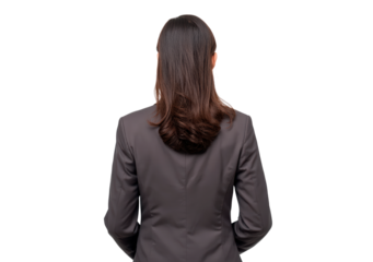Rear view of young woman in business attire with brown hair on transparent background, PNG