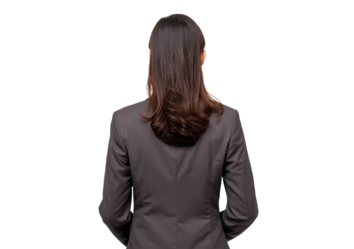 Rear view of young woman in business attire with brown hair on transparent background, PNG