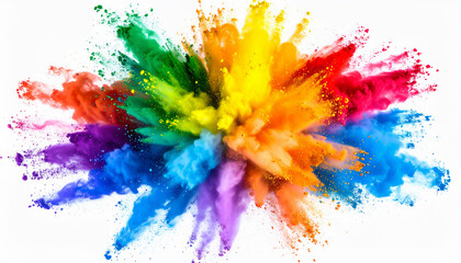 Rainbow-colored powder explosion burst on white background