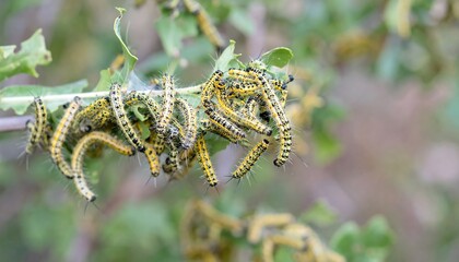 A cluster of yellow and black caterpillars densely gathers on a plant branch.