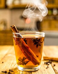 Warm spiced drink garnished with cinnamon and cloves on a rustic wooden table