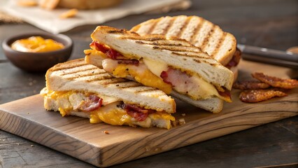 Crispy Golden Breakfast Panini Packed With Juicy Chicken, Melted Cheese, And Smoky Bacon, Creating A Hearty And Flavorful Fast Food Favorite For A Perfect Morning Boost